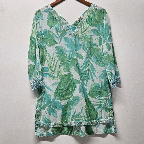 Christian Siriano Tunic Top Womens L Pullover 3/4 Sleeve V-Neck Tropical Green - Picture 1 of 10